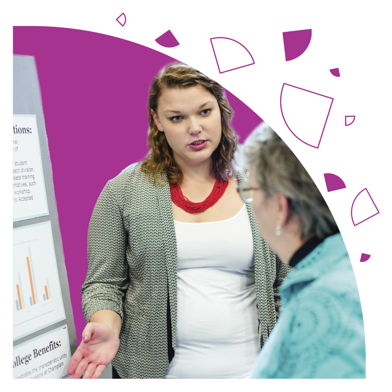 Inside Quantitative Literacy shape, a woman is presenting an graph to another person at student fair.