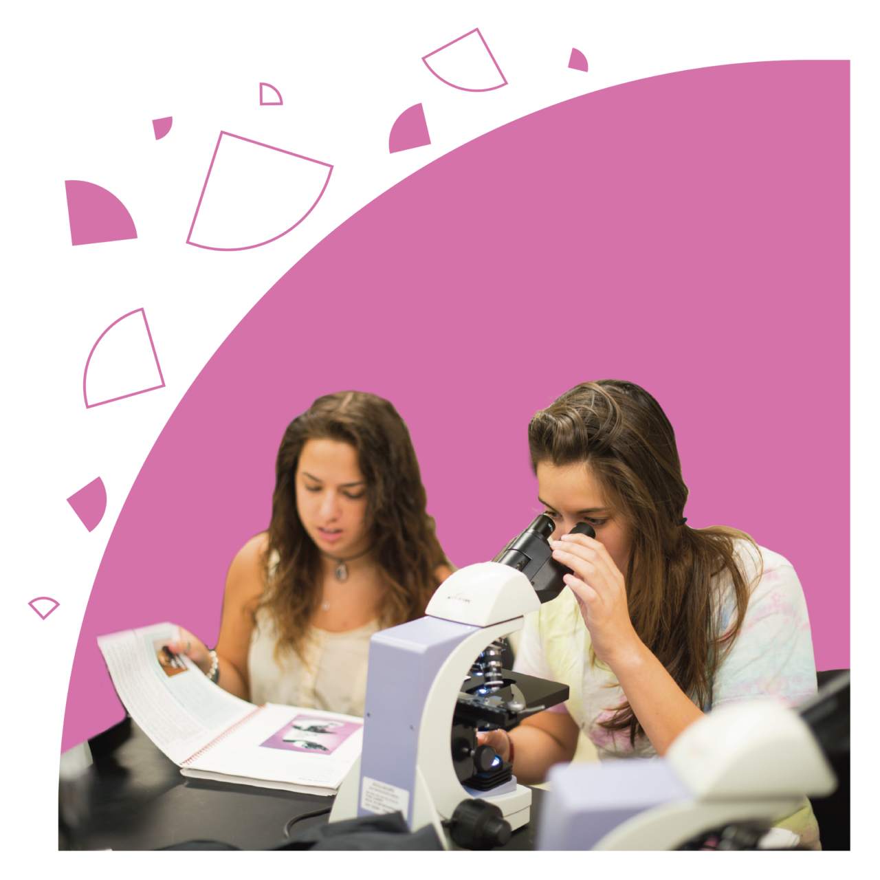 Two women inside Scientific Literacy shape. One woman is using a microscope while another woman is reading a textbook.